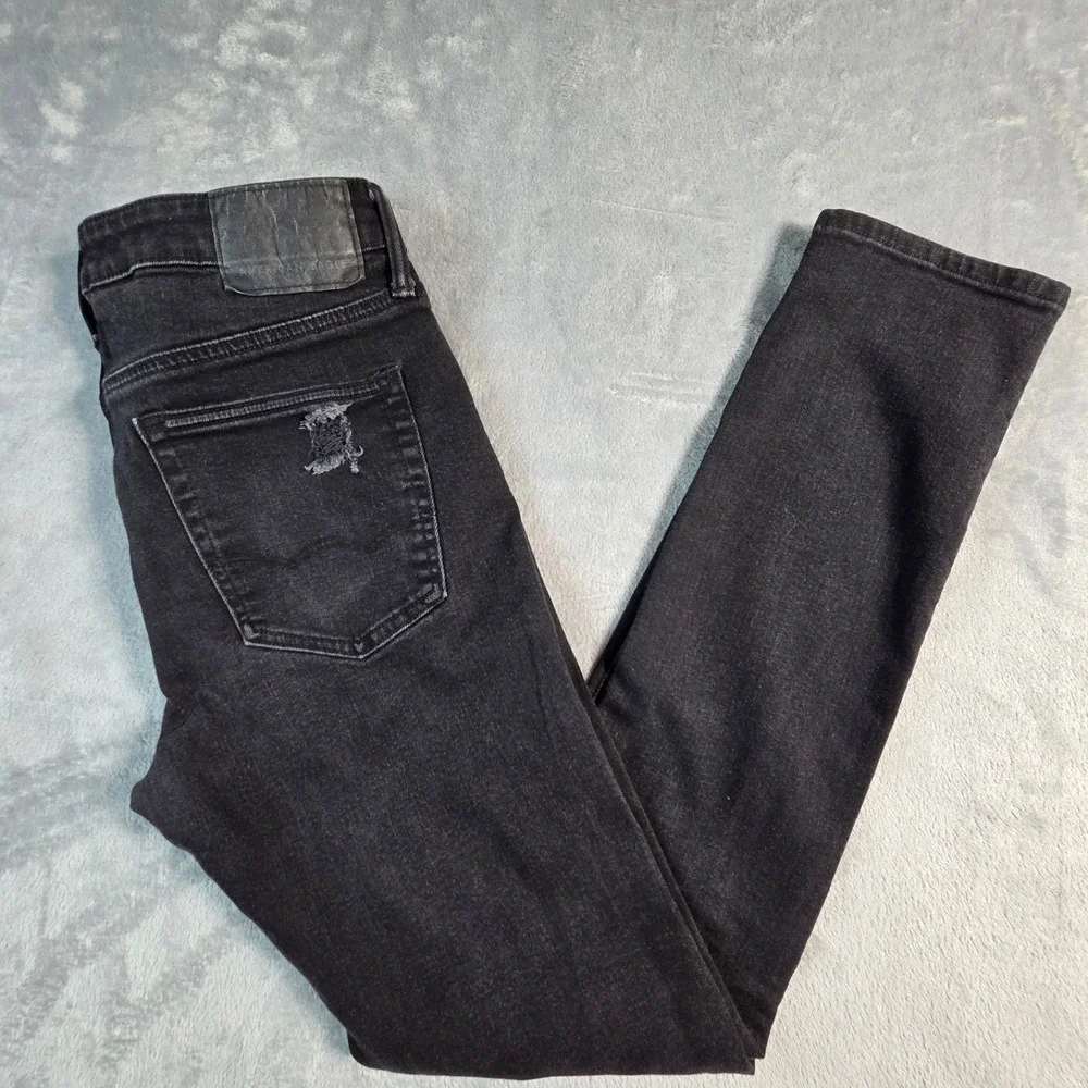 American Eagle Airflex+ Jeans Mens 28x31 Black Excellent Distressed Patched Slim